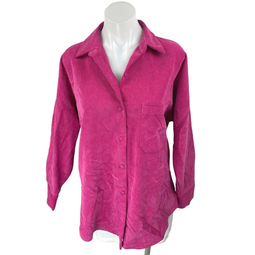 Zara Pink Long Sleeve Corduroy Oversized Loose Pocket Button Up Shirt Top Size S